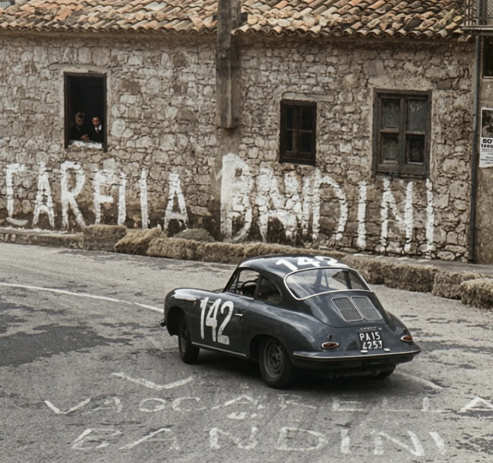 Porsche 356 B Carrera 2 chassis 121233, race no. 142, at Collesano during the 1966 Targa Florio; registration plate PA 15 4253 visible