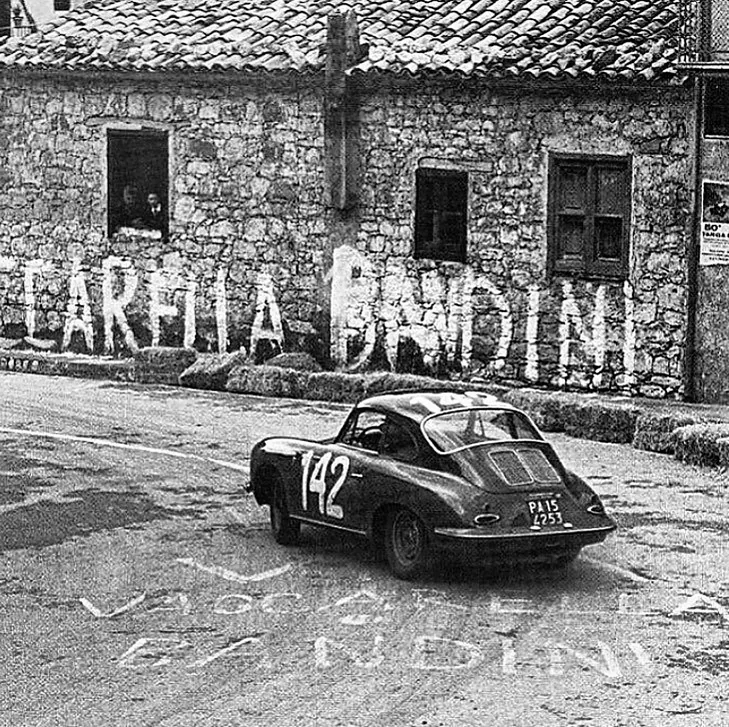 Porsche 356 B Carrera 2 chassis 121233, race no. 142, at Collesano during the 1966 Targa Florio; registration plate PA 15 4253 visible