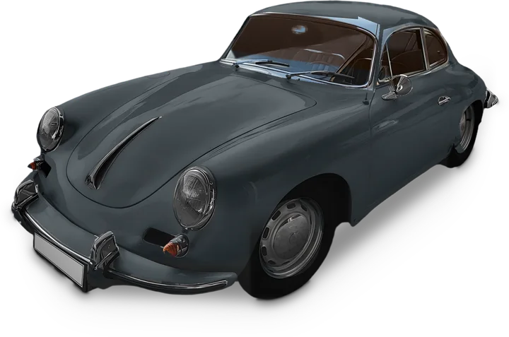 Visualisation: Porsche 356 B Carrera 2 chassis 121233, front three-quarter view, digitally recoloured to its factory colour Slate Grey; background removed, registration plate blanked