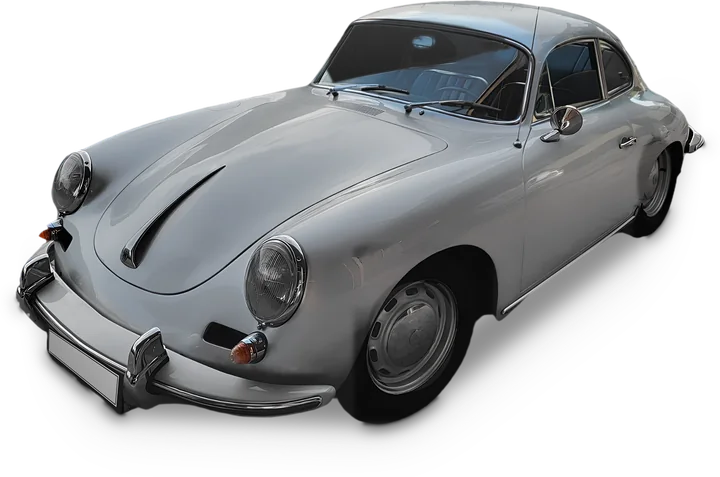 Porsche 356 B Carrera 2 chassis 121233 today, front three-quarter view, photograph with background removed and registration plate blanked